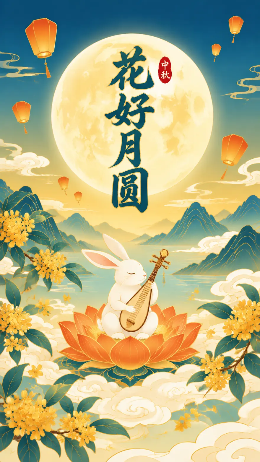 国潮中秋海报AI绘画提示词：花好月圆与玉兔琵琶