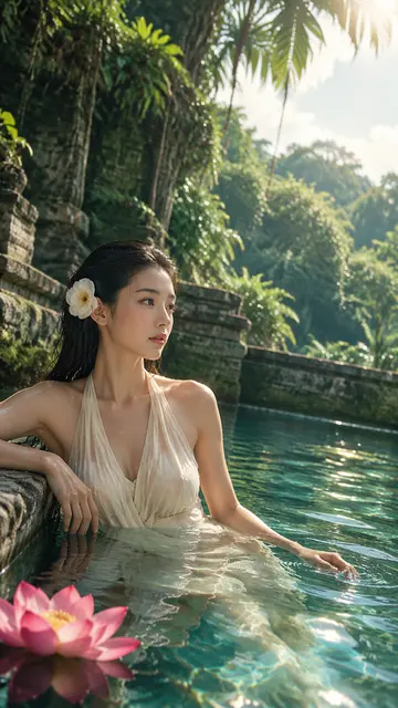 AI 绘画提示词：东方女性古池沐浴时尚人像