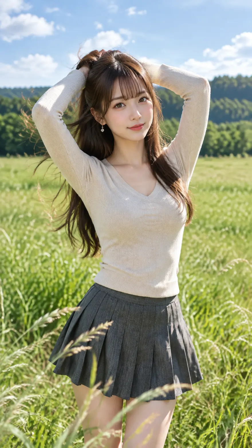 草地少女整理头发 AI 绘画提示词与图片生成参考