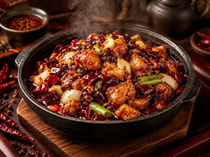 川味水煮辣子鸡美食摄影 AI 提示词，暗调黑石碗蒸汽特写