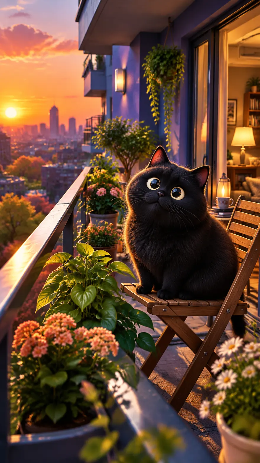 夕阳阳台黑猫AI绘画提示词，超精细商业级画面