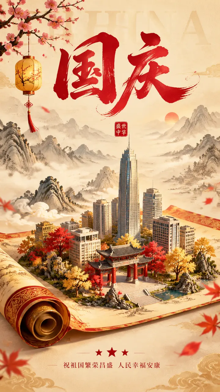 国潮风微缩城市卷轴海报 AI 绘画提示词
