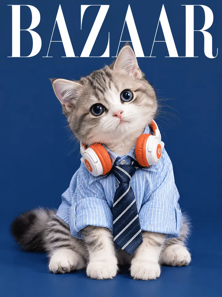 时尚小猫穿条纹衬衫系领带的 AI 绘画提示词