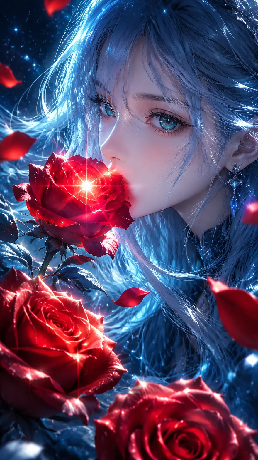 蓝发少女与发光红玫瑰的星空特写AI绘画提示词