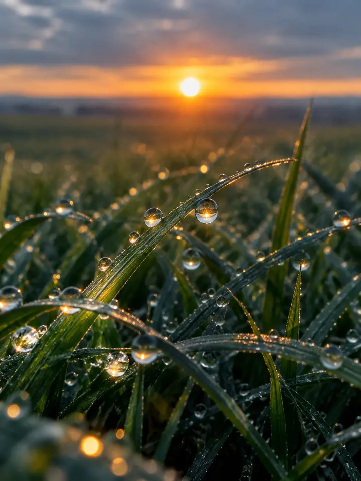 夕阳逆光下露珠草叶特写 AI 绘画提示词