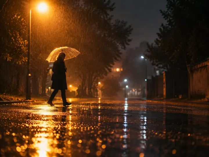 电影感雨夜街景摄影AI提示词 暖橙路灯与金色反光