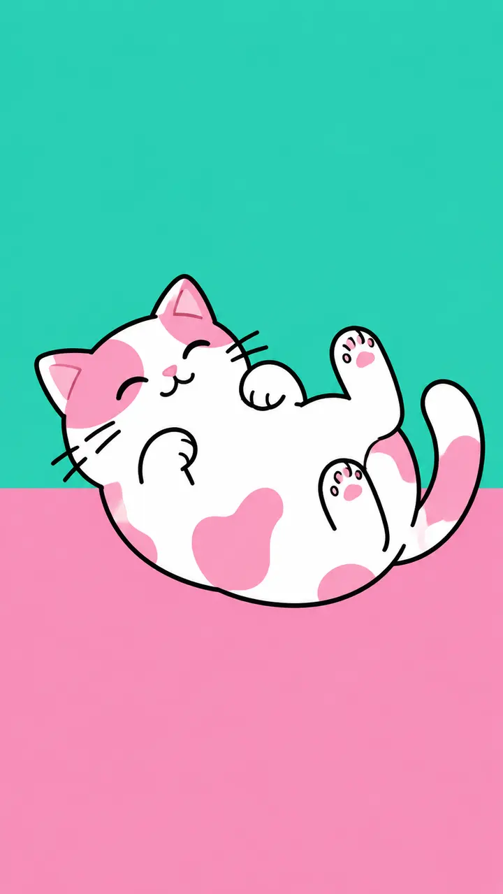 粉青色块背景卡通猫咪翻滚矢量插画AI提示词