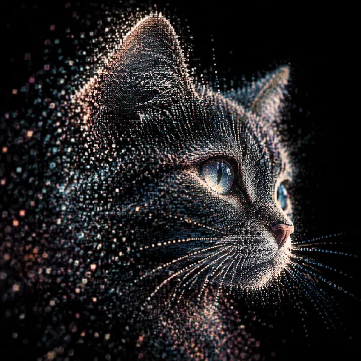 像素粒子猫咪轮廓特写 AI 绘画提示词