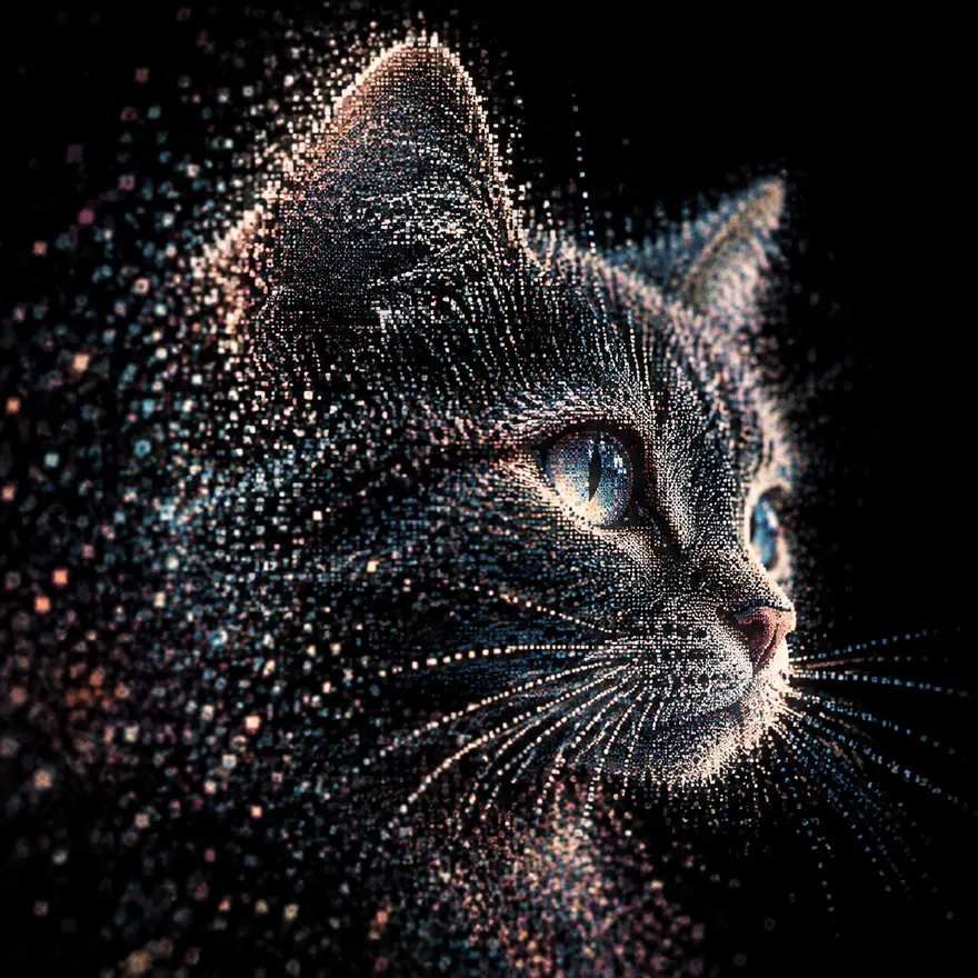 像素粒子猫咪轮廓特写 AI 绘画提示词