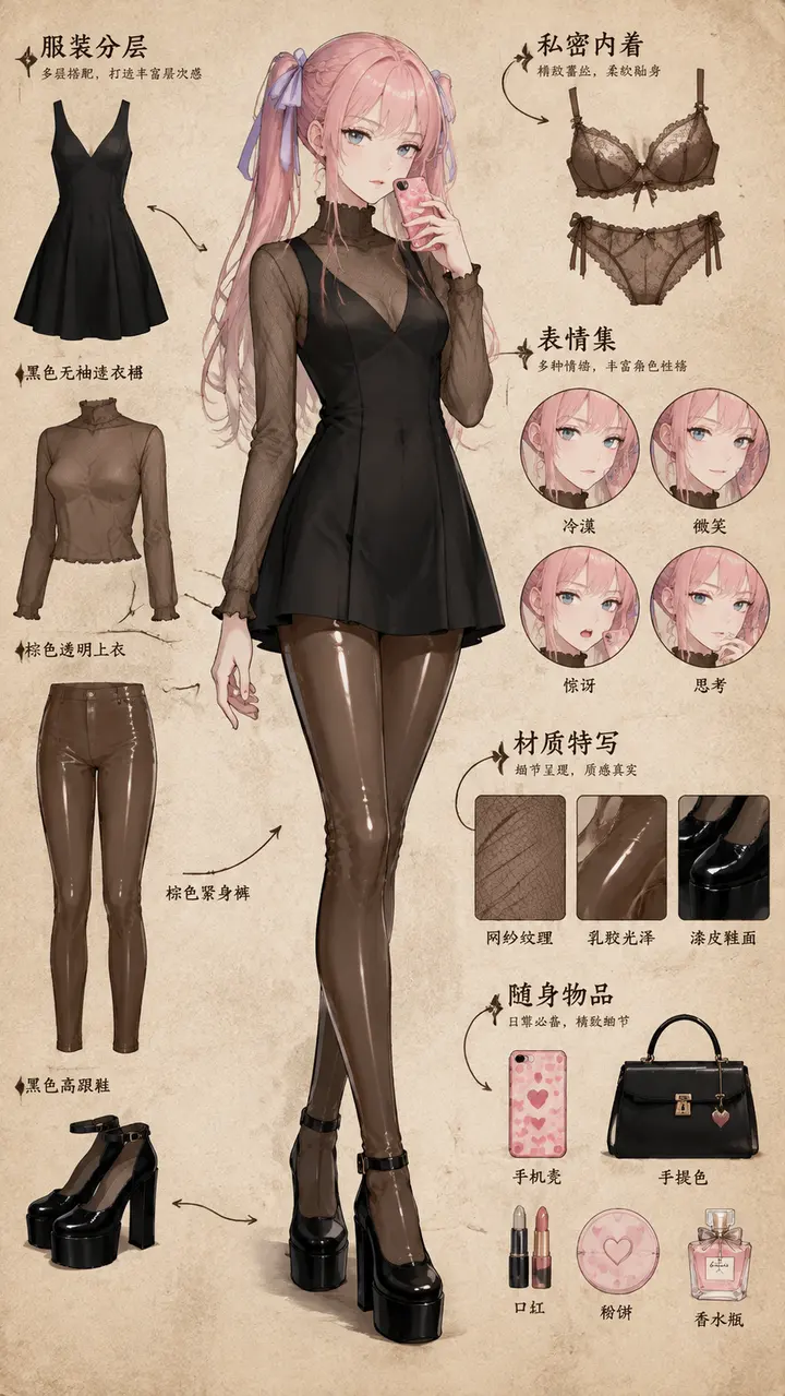 二次元粉发双马尾少女角色设定图AI绘画提示词