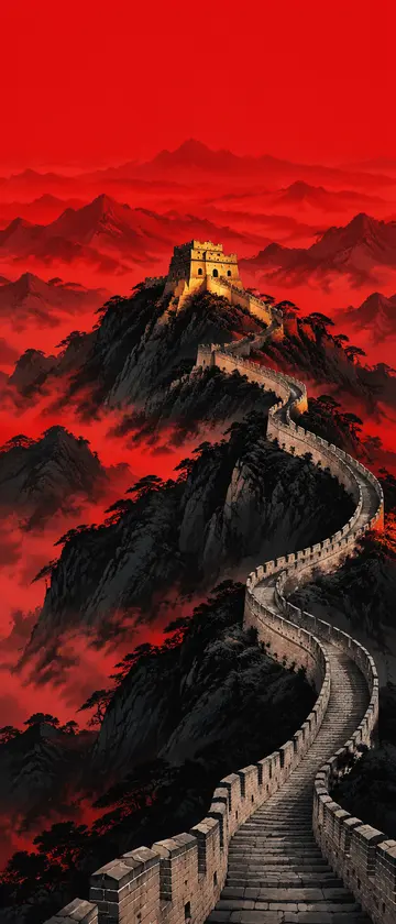 国潮红黑山水长城金色城楼数字插画提示词