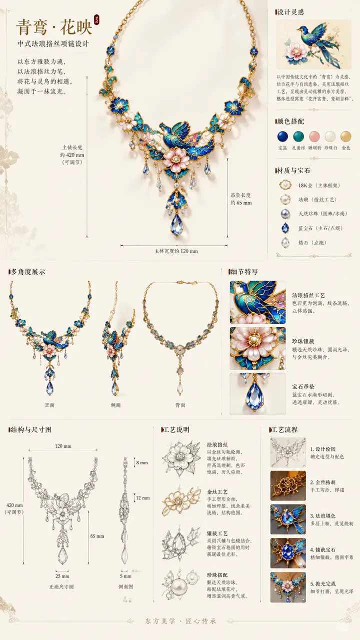中式珐琅掐丝项链设计图 AI 提示词，含工艺说明与多维展示