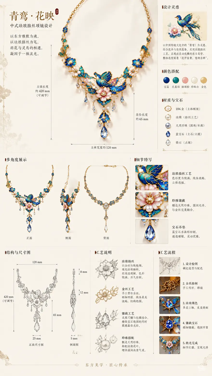 中式珐琅掐丝项链设计图 AI 提示词，含工艺说明与多维展示