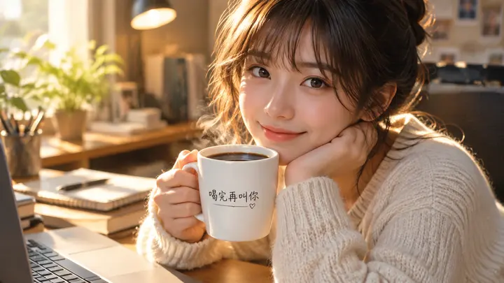 办公桌热咖啡角色微笑场景 AI 绘画提示词