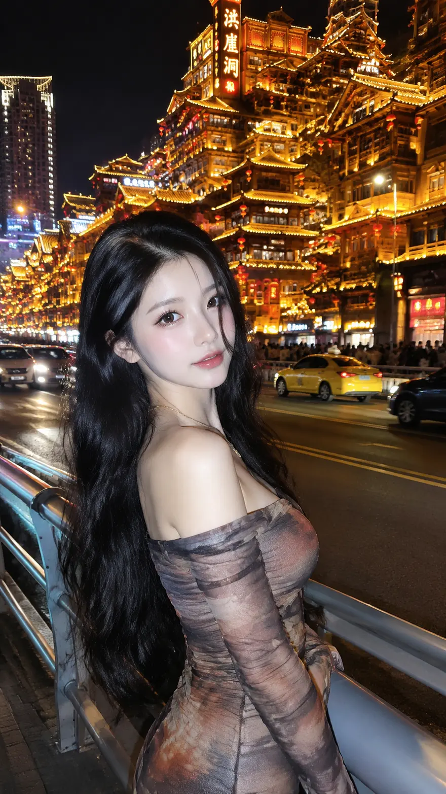 重庆洪崖洞夜景人像 AI 绘画提示词，手机闪光灯质感