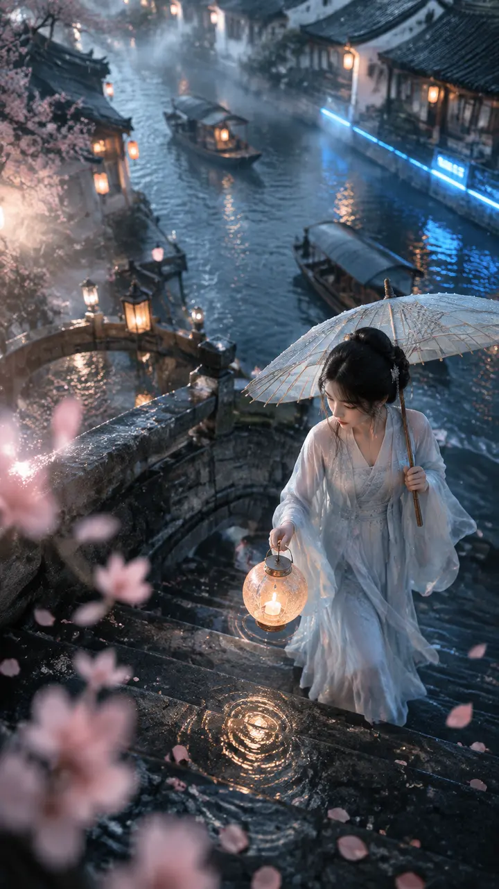 江南水乡雨夜女子撑伞提灯 AI 绘画提示词