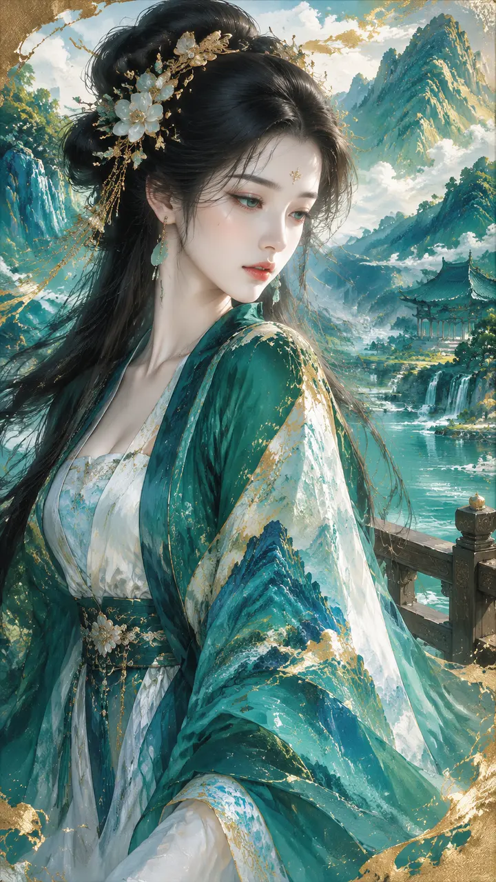青绿山水女神金箔矿物颜料AI插画提示词