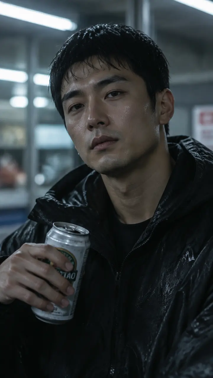 写实电影感人像AI提示词：雨夜喝啤酒的年轻男子