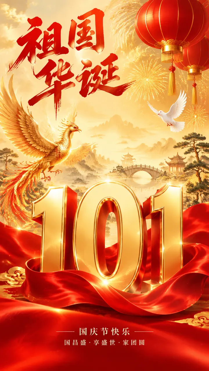 国庆庆典红金海报 AI 绘画提示词，立体数字与中国风元素