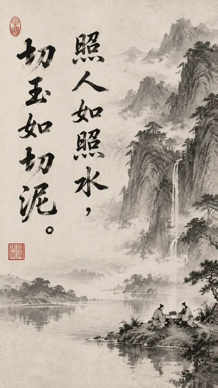 宋代文人山水水墨画AI提示词：书法与瀑布意境
