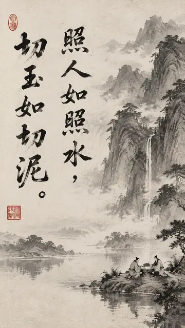 宋代文人山水水墨画AI提示词:书法与瀑布意境