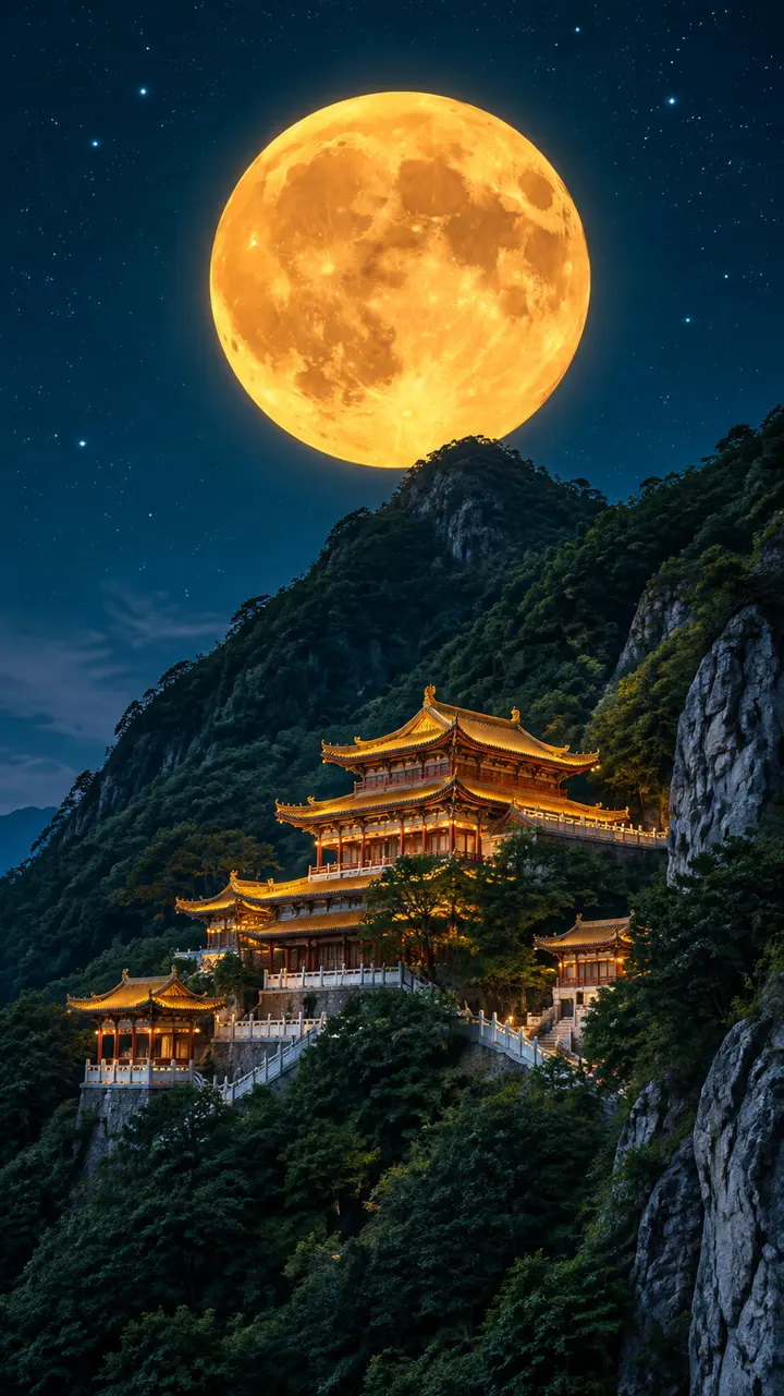 巨大金色满月与中国古典楼阁的超现实夜景AI提示词