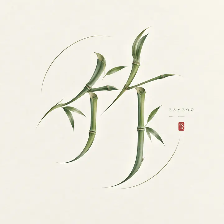 文艺风竹字艺术字设计AI提示词，竹节笔画与英文点缀