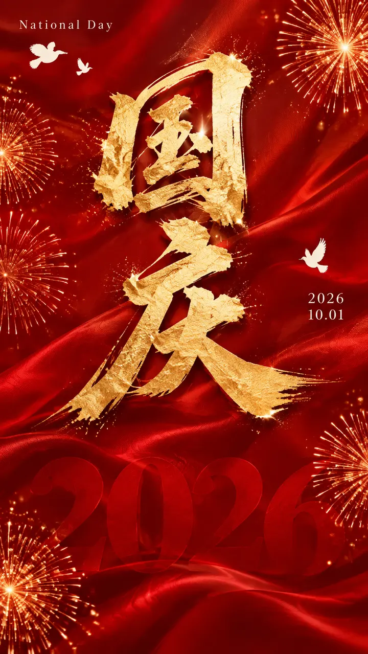 国庆节金色书法海报 AI 绘画提示词，红金绸缎庆典视觉设计