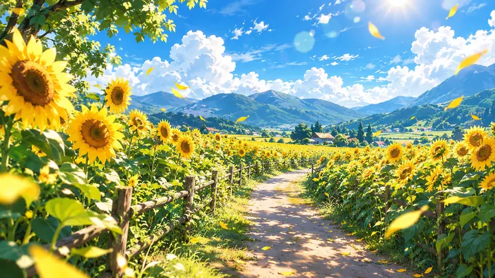 日漫风格夏日乡村向日葵花田场景AI绘画提示词