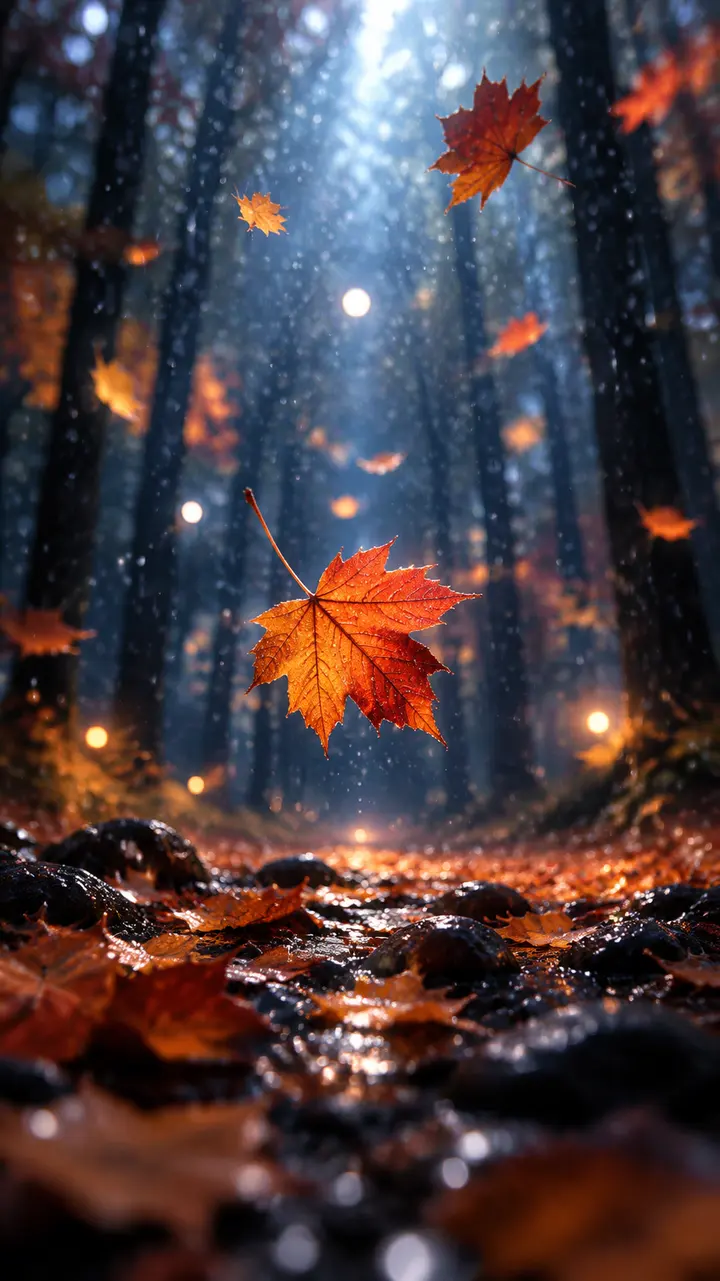 深秋森林雨夜枫叶飘落 AI 绘画提示词
