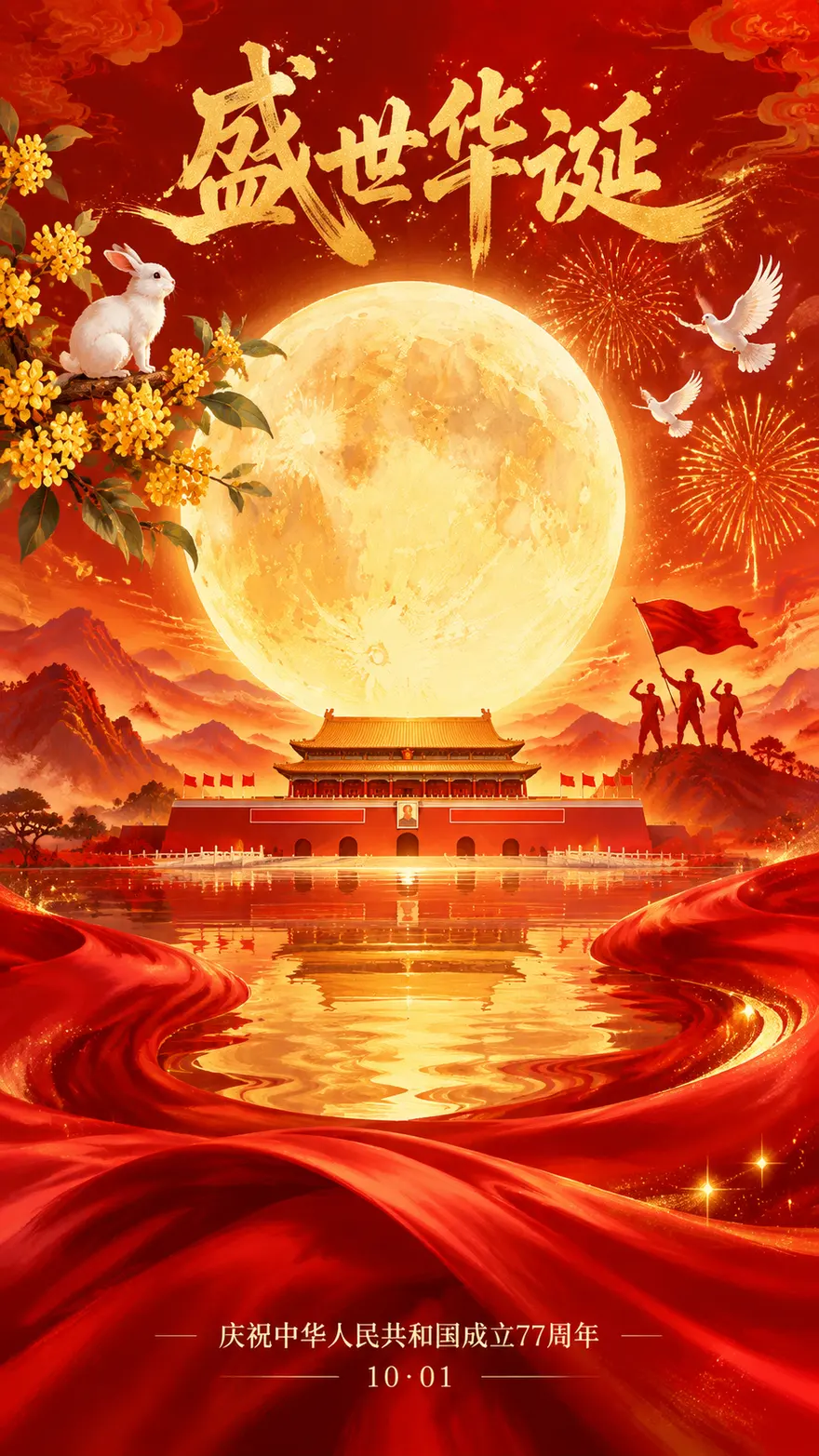 国潮红金国庆海报AI绘画提示词 盛世华诞天安门圆月