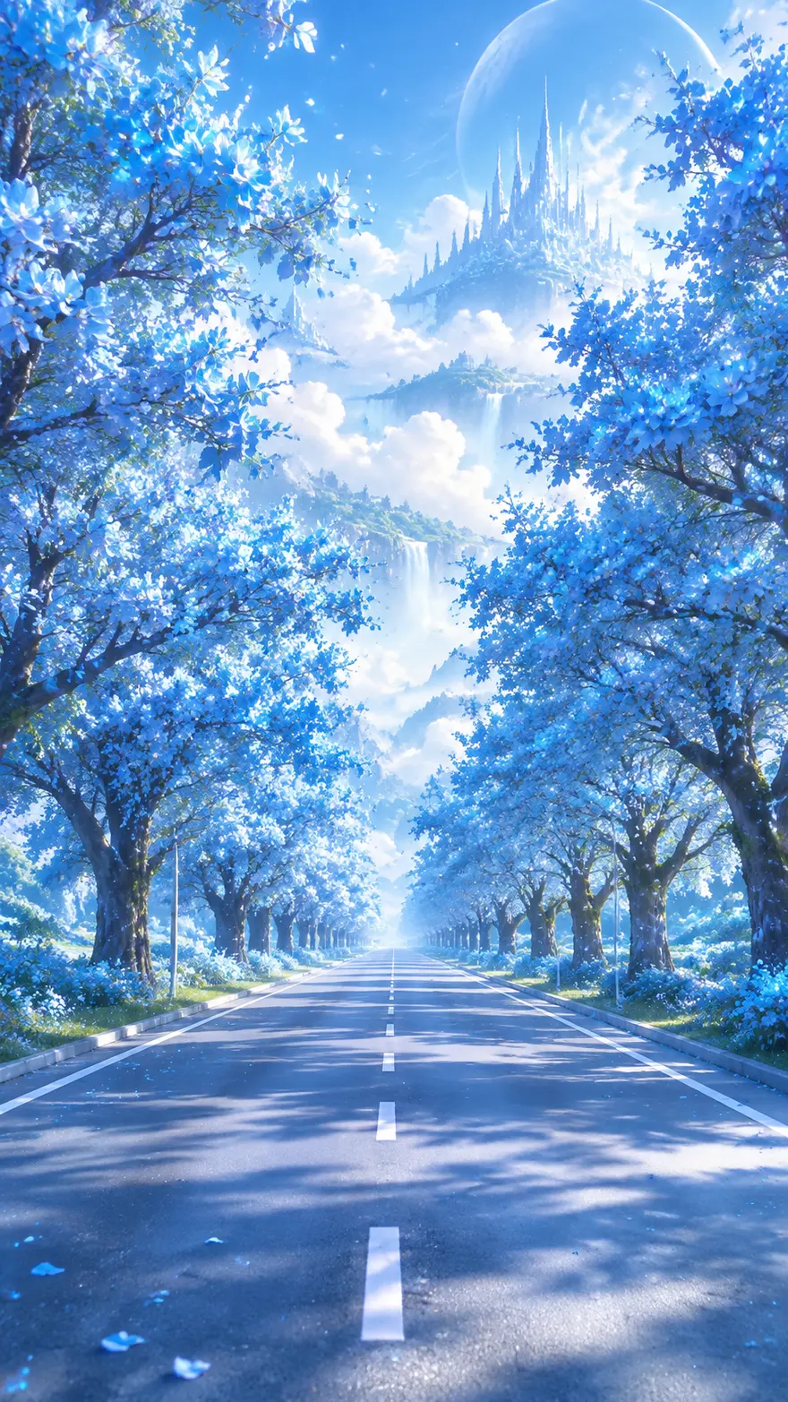 梦幻蓝色花树公路场景 AI 绘画提示词