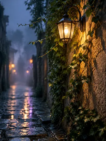 雨夜窄巷复古壁灯与常春藤场景AI绘画提示词