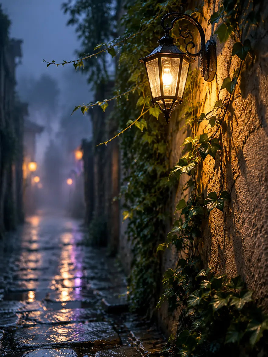 雨夜窄巷复古壁灯与常春藤场景AI绘画提示词