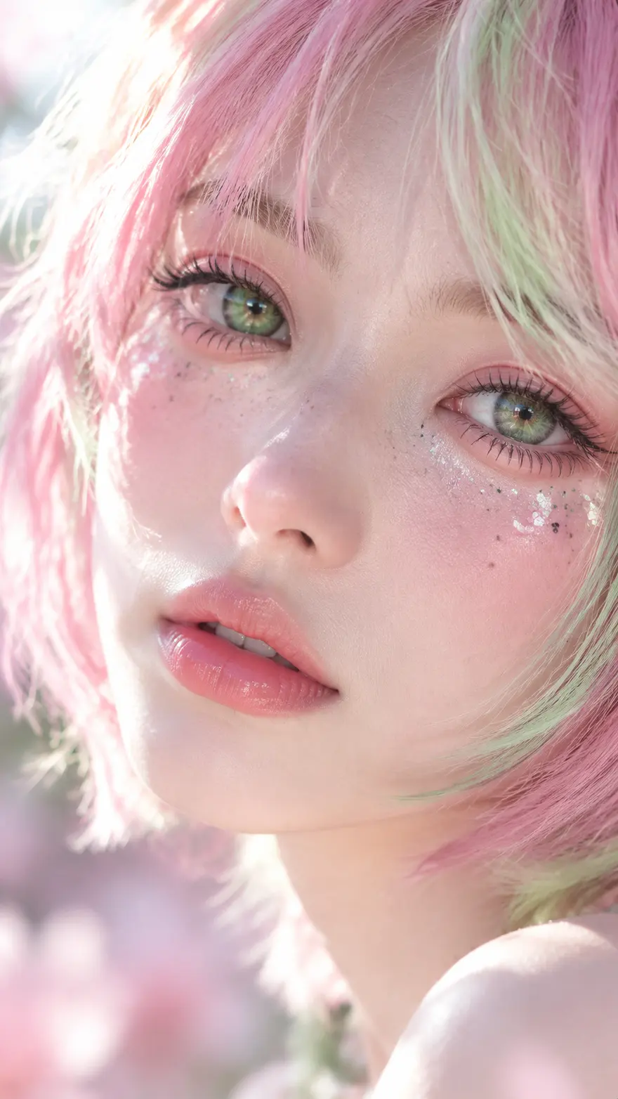 梦幻粉发少女面部极近特写 AI 绘画提示词