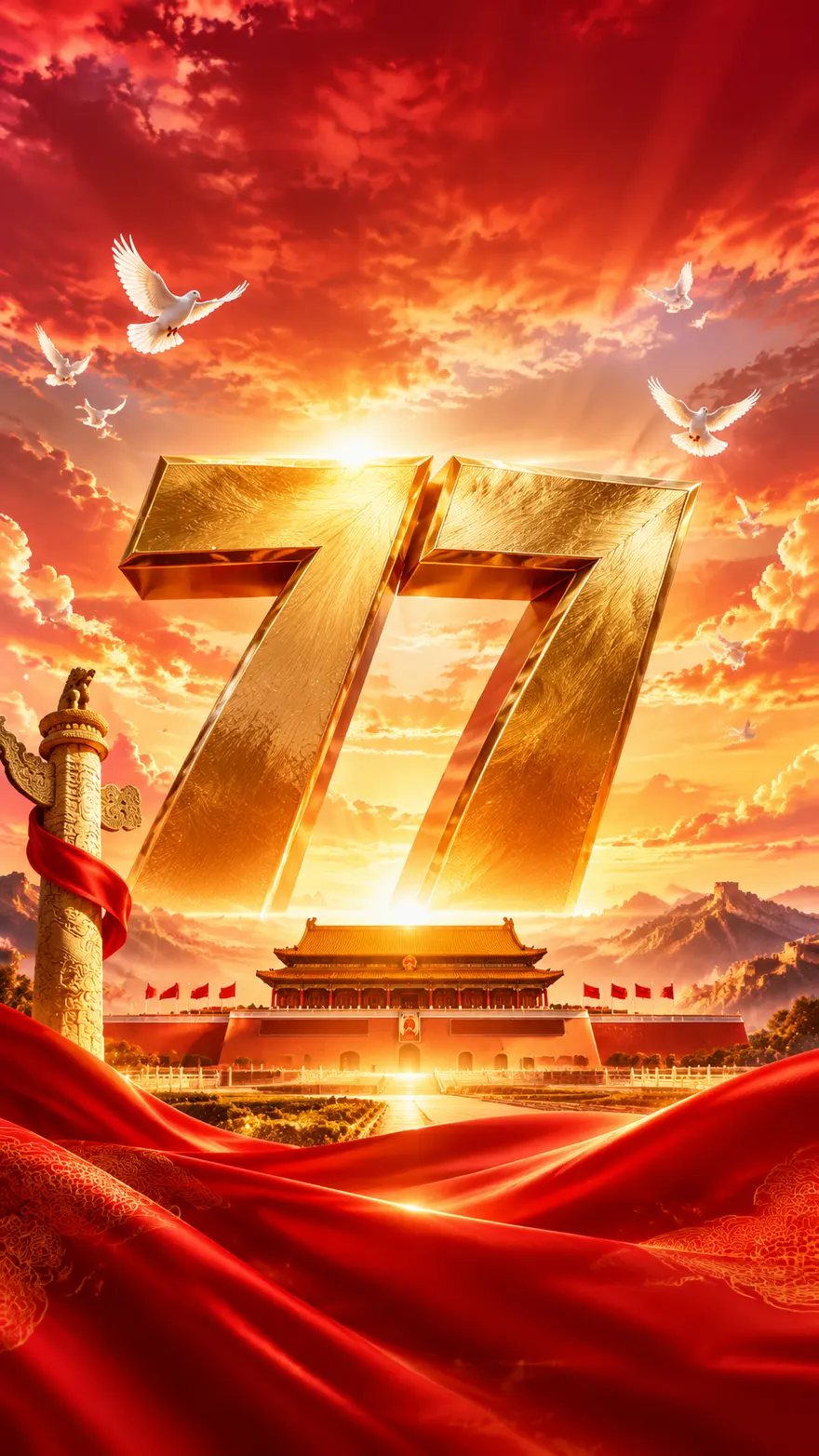 国庆77周年主旋律海报AI提示词 金色立体数字大气设计