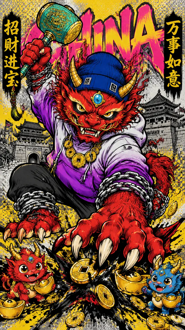 国潮街头风神兽插画 AI 绘画提示词，红兽帽衫举元宝锤