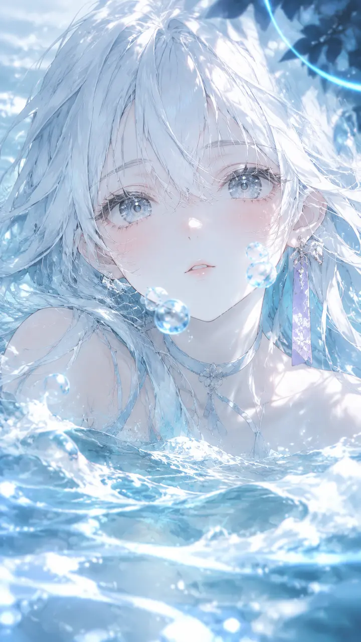 冰蓝水面白发少女二次元插画 AI 提示词
