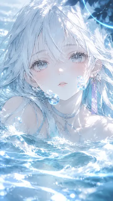 冰蓝水面白发少女二次元插画 AI 提示词