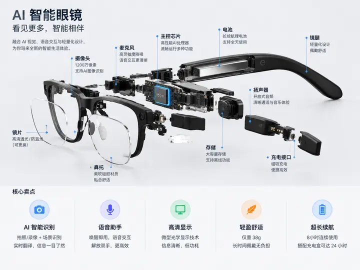AI眼镜爆炸视图设计提示词，拆解组件与核心卖点