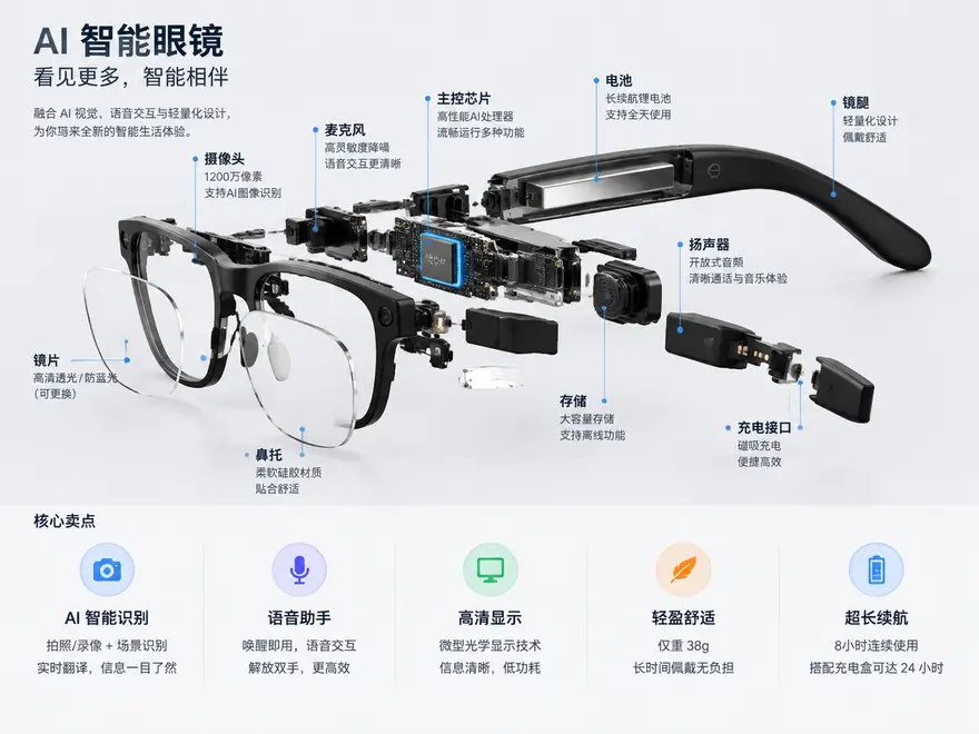 AI眼镜爆炸视图设计提示词，拆解组件与核心卖点