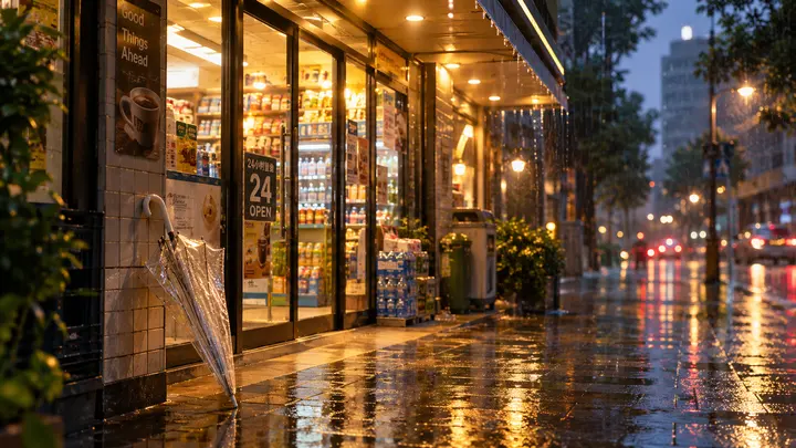 便利店门口雨天傍晚避雨场景 AI 绘画提示词