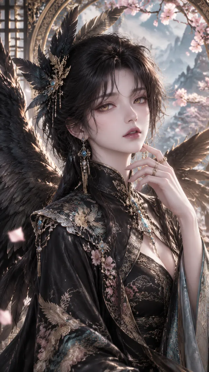 3D CG 东方奇幻鸦神女性肖像 AI 绘画提示词