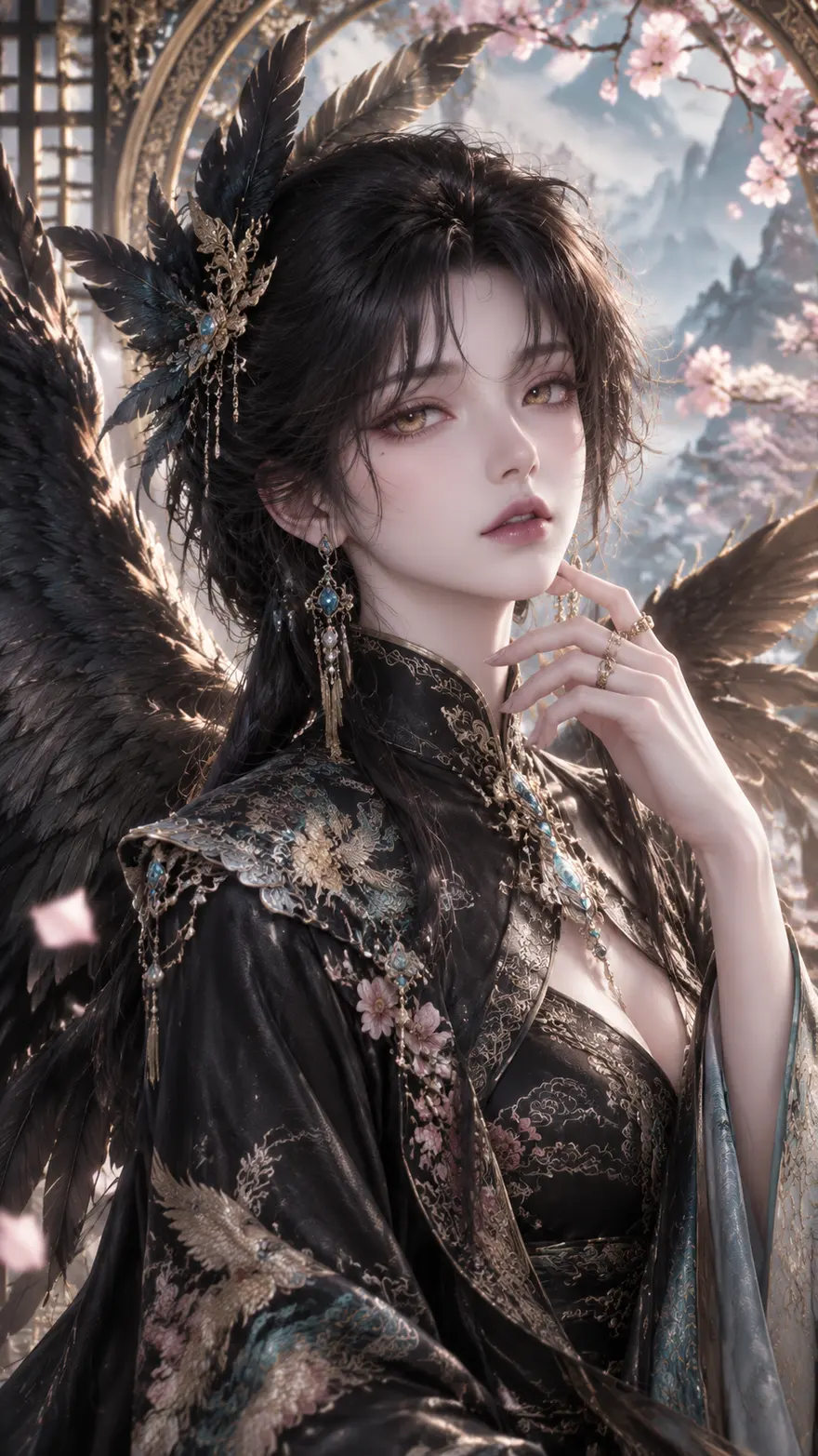 3D CG 东方奇幻鸦神女性肖像 AI 绘画提示词