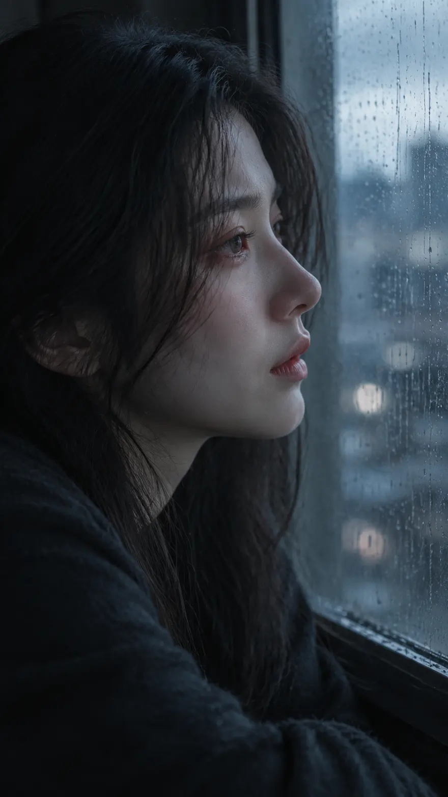 电影感伤感女生人像 AI 提示词 冷蓝灰胶片质感