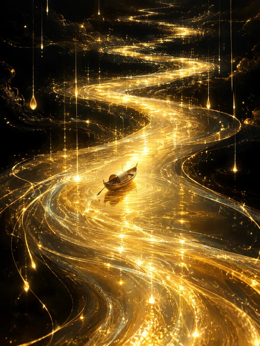 金色流光大河工笔风 AI 绘画提示词，小舟与荧光光轨
