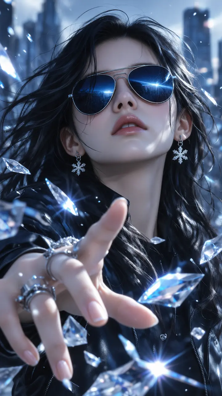 冰蓝墨镜少女 3D 半写实人像特写 AI 绘画提示词