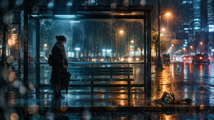 雨夜公交站孤独人物电影感AI绘画提示词