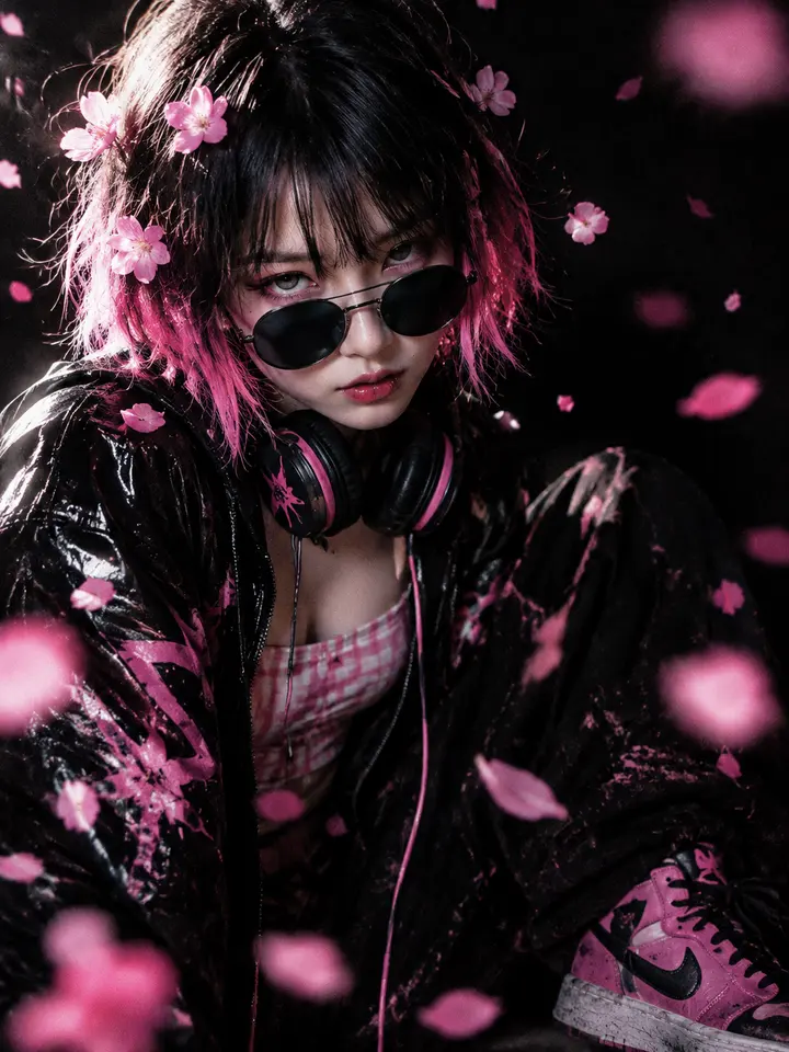 街头酷飒粉发女孩人像 AI 绘画提示词