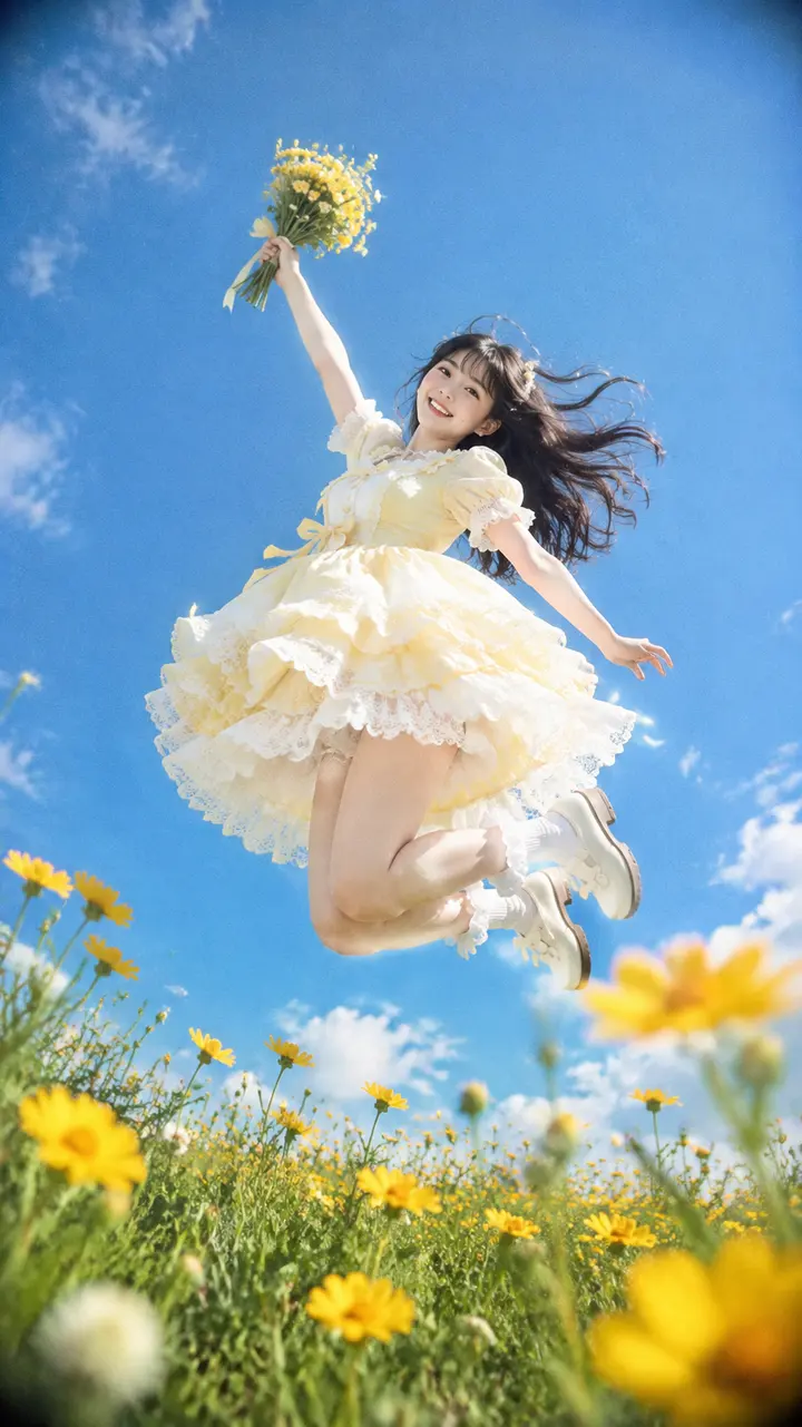 日系青春少女跳跃仰拍 AI 绘画提示词，洛丽塔裙装与花束的夏日写真